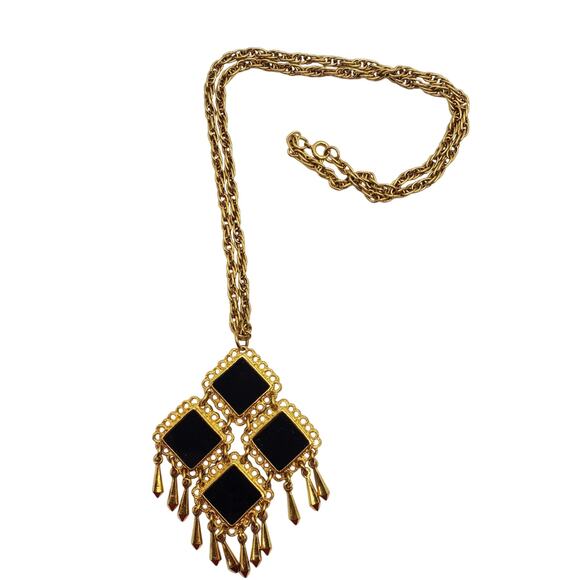 Celebrity Black White Pendant Necklace Clip Earrings Gold Fringe Retro Statement - Picture 11 of 11